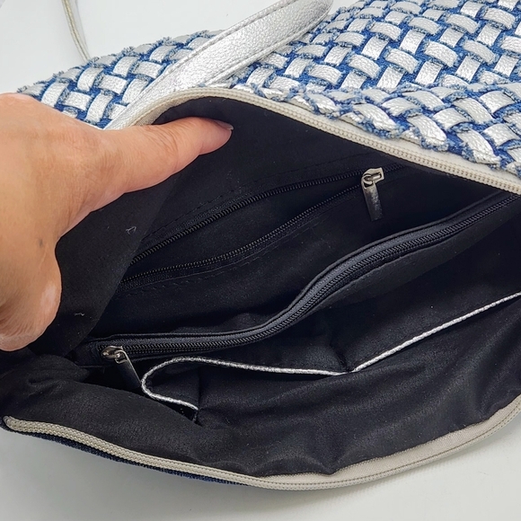 Denim Crystal Rhinestone Crossbody Bag With Metallic Weaving On Back - Picture 9 of 16